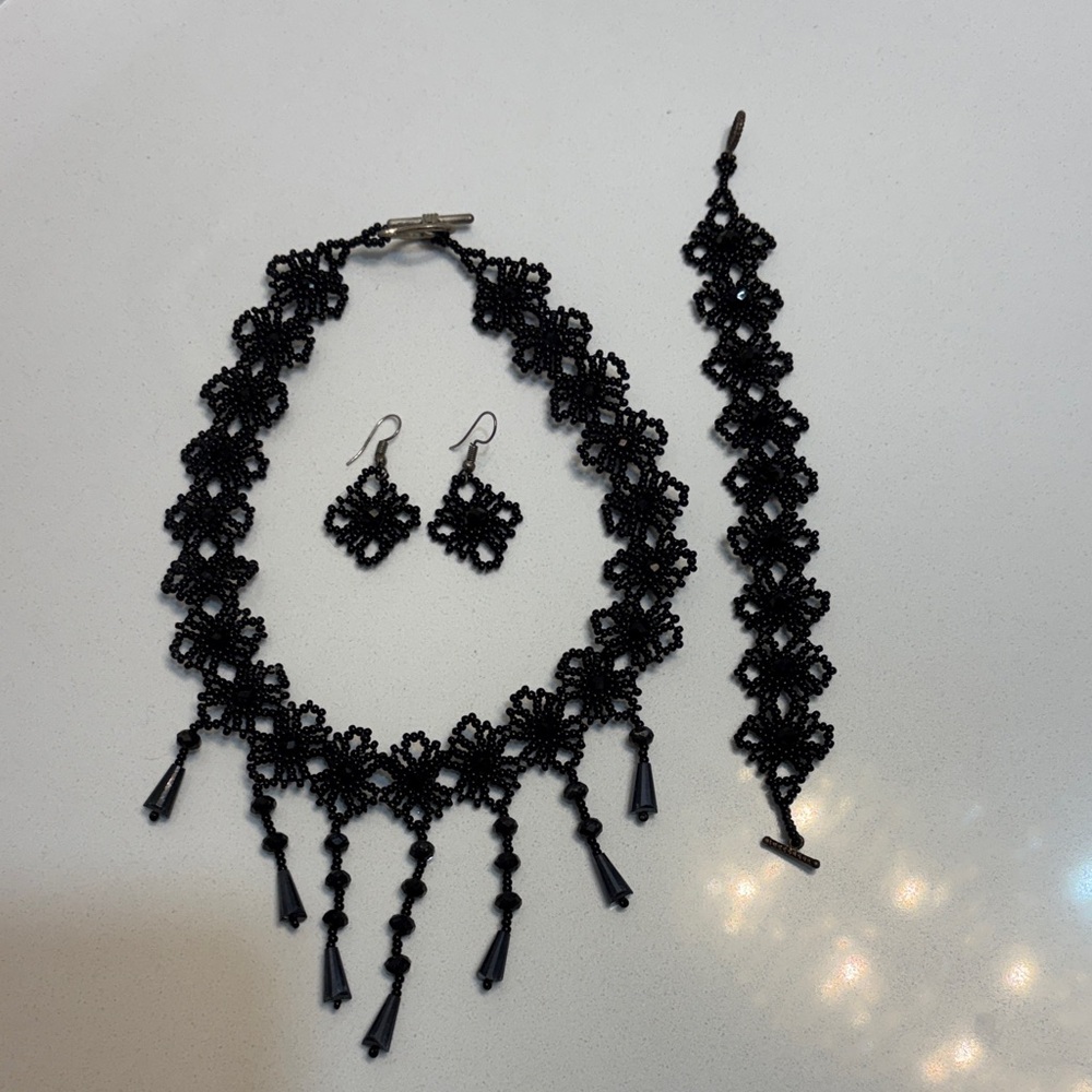 Elegant Black Hand Beaded Artisan Jewelry Set